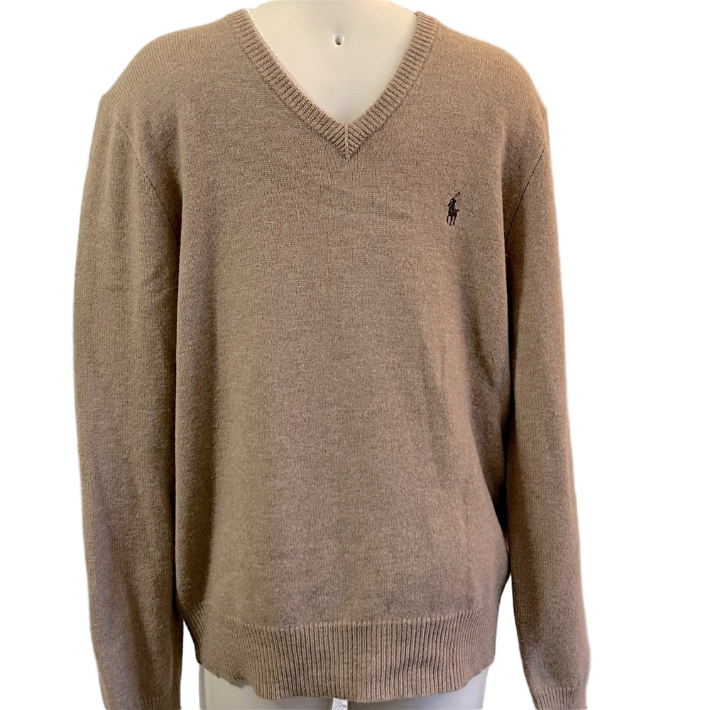 Polo by Ralph Lauren V neck 100% lambswool beige sweater LRG as is